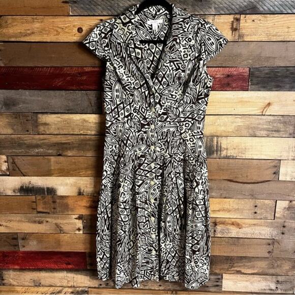 Dress Barn‎ Brown And Cream Aztec Print Cap Sleeve Button Up Dress Size 8 - Picture 1 of 15
